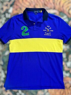 Polo Ralph Lauren Short Sleeve Collared Shirt Pony Equestrian Crest Blue Medium